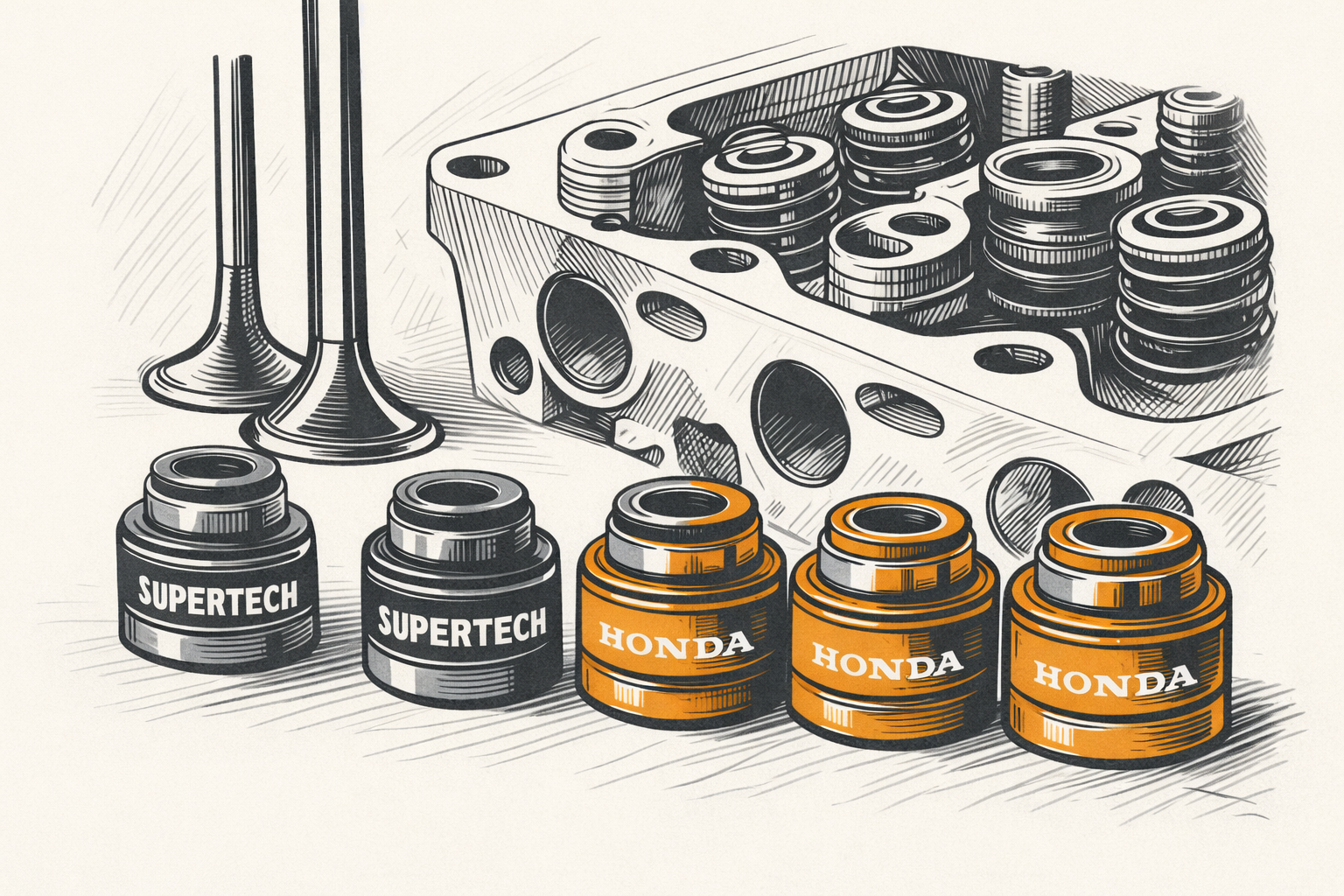 Uszczelniacze zaworowe Honda – porównanie OEM i Supertech, różnice producentów i trwałość.
